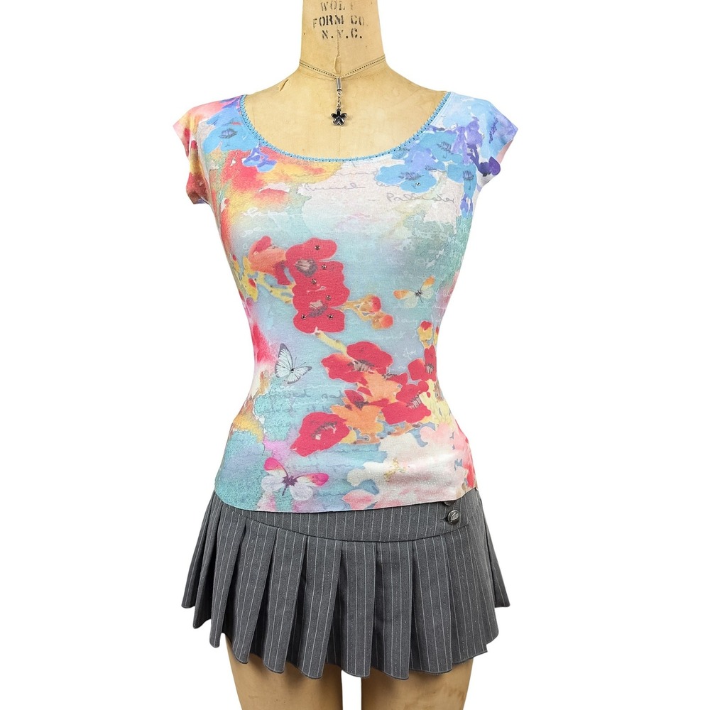 Y2K Fairy Rhinestone Graphic Top Pastel Watercolor Floral Butterfly Print S